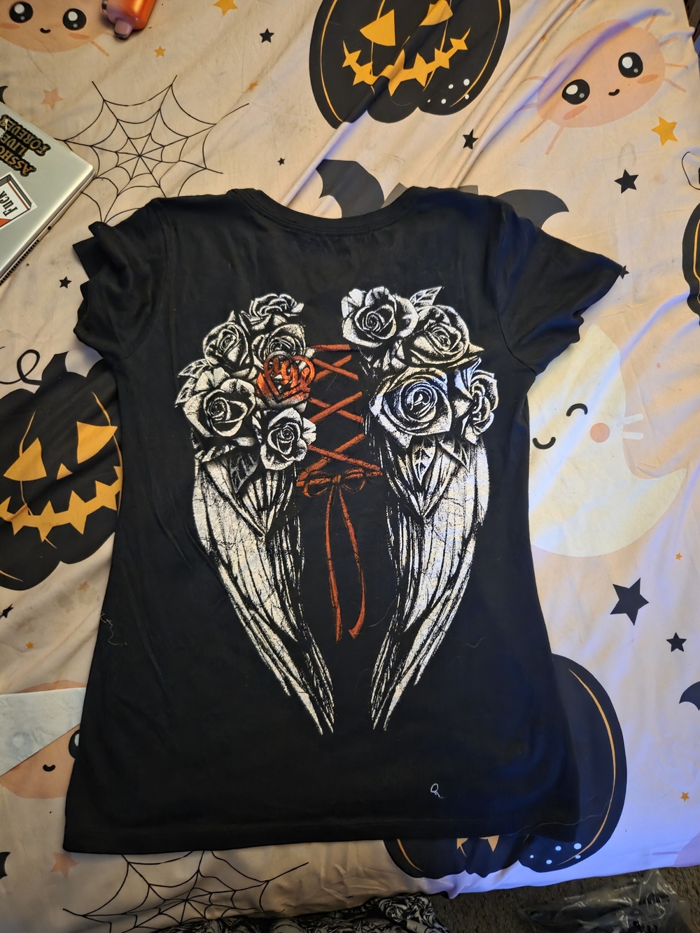 Metal Mulisha Black Tee with White Floral Wing Graphic and Red Lace Detail